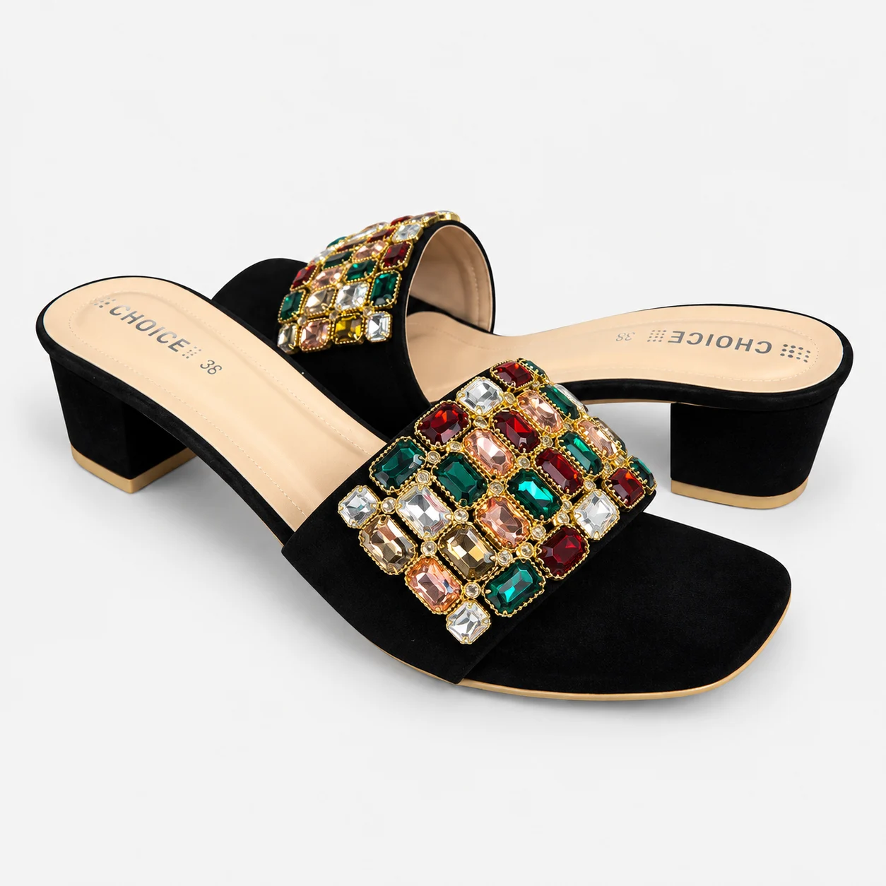Fancy Embellished Block-Heel Slipper – Black & Golden | 13099 - Image 4