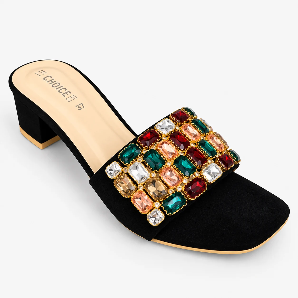 Fancy Embellished Block-Heel Slipper – Black & Golden | 13099 - Image 2