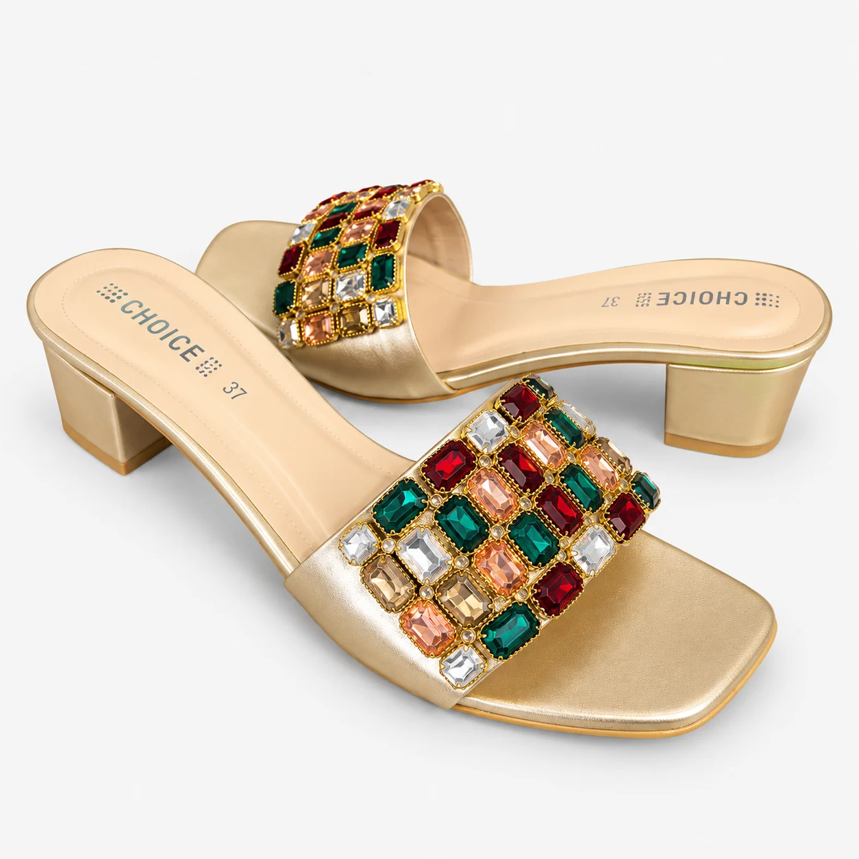 Fancy Embellished Block-Heel Slipper – Black & Golden | 13099 - Image 5