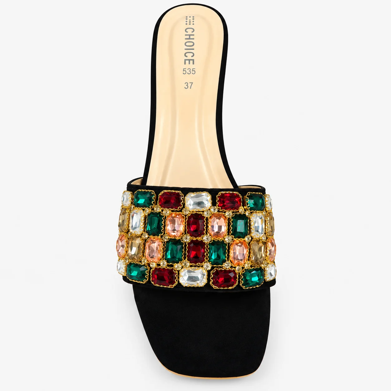 Fancy Embellished Block-Heel Slipper – Black & Golden | 13099 - Image 3